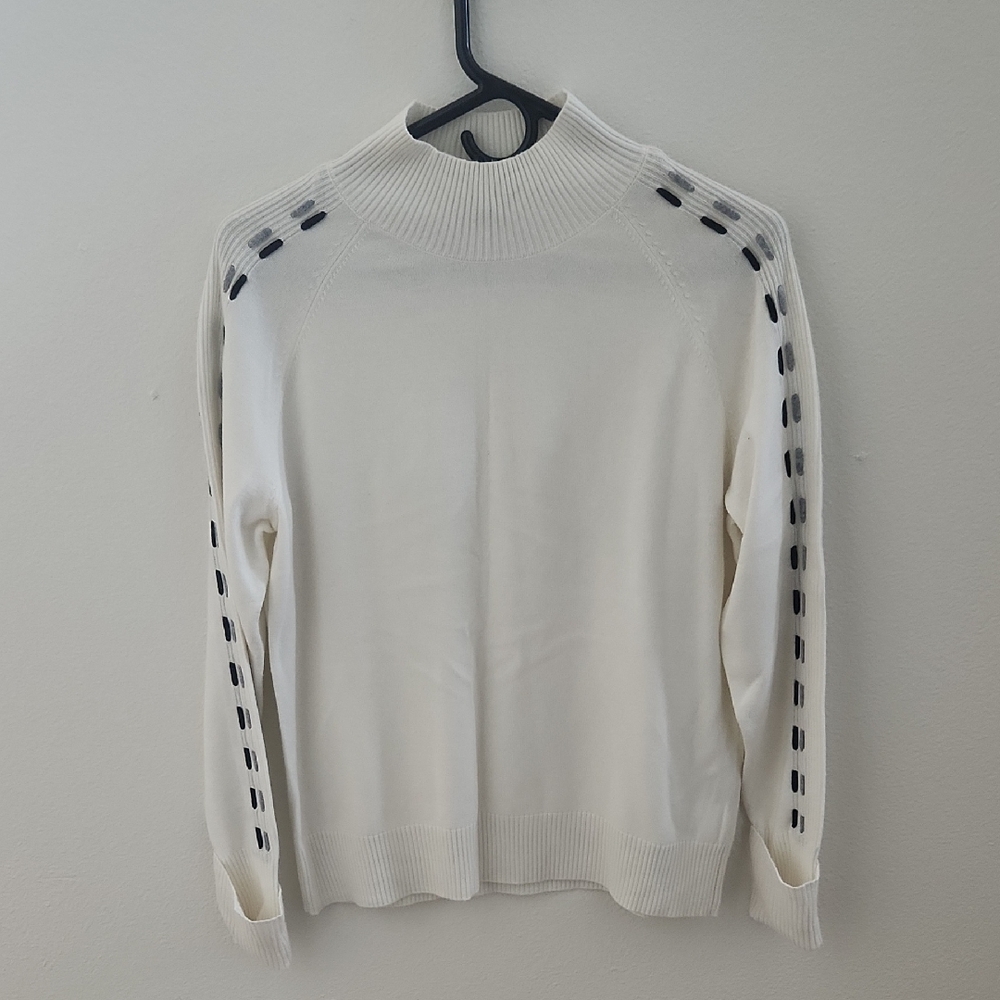 Alison Sheri White Sweater with Black And Grey Sleeve Accents